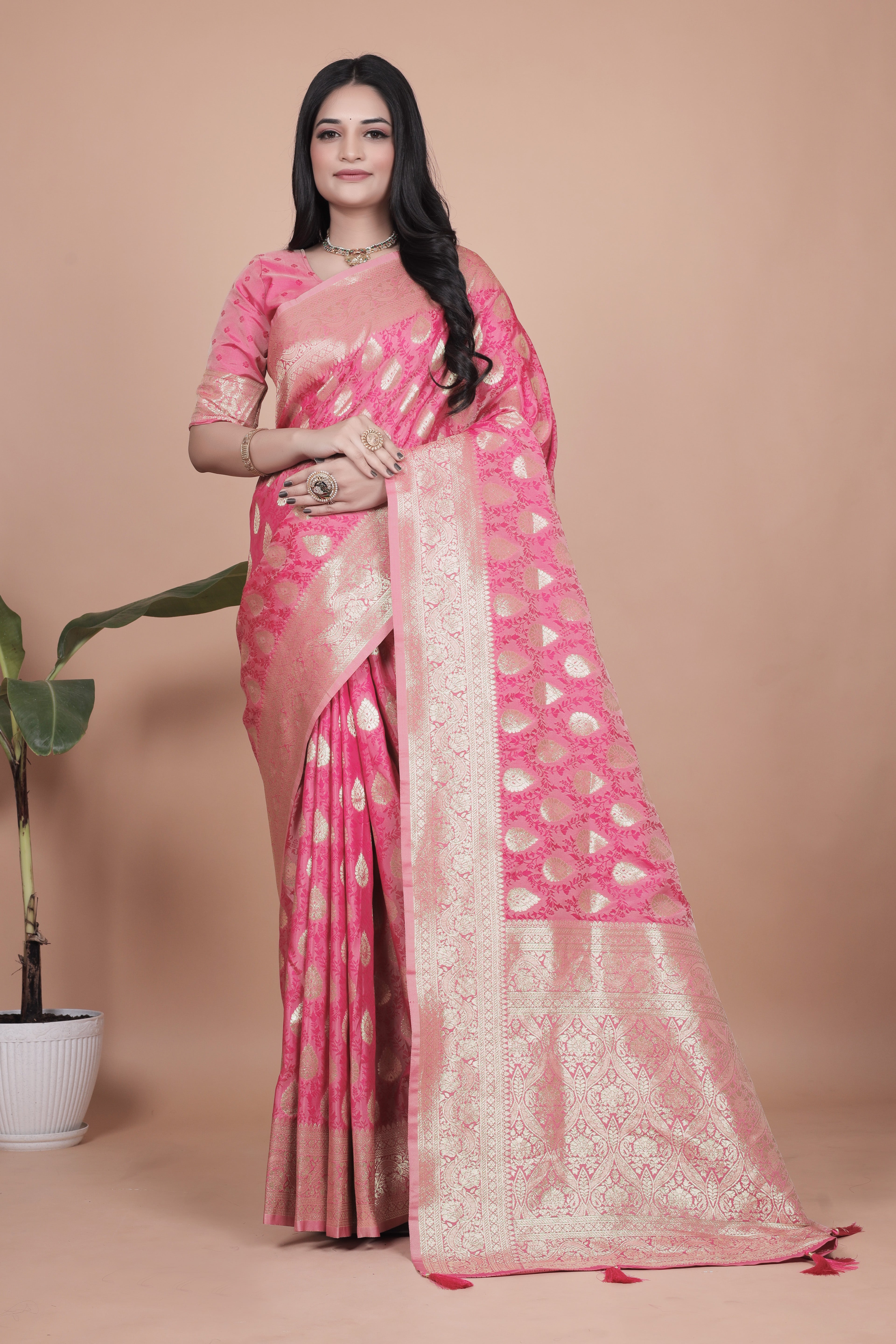 Banarasi Silk Saree with Golden Zari Weaving with 4 color option